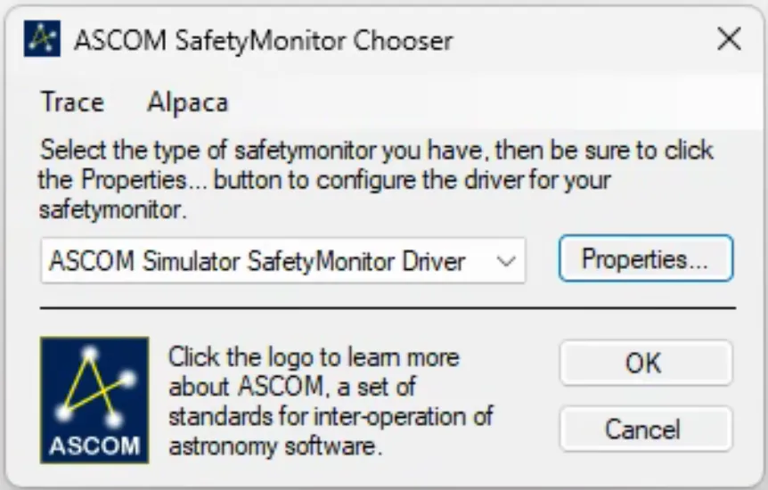 Ascom Device Driver Window