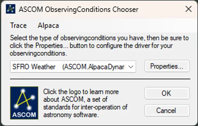 Ascom Device Driver Window