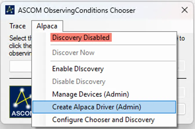 Ascom Device Driver Window