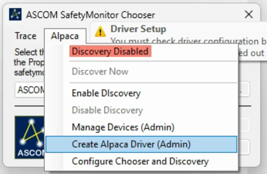Ascom Device Driver Window